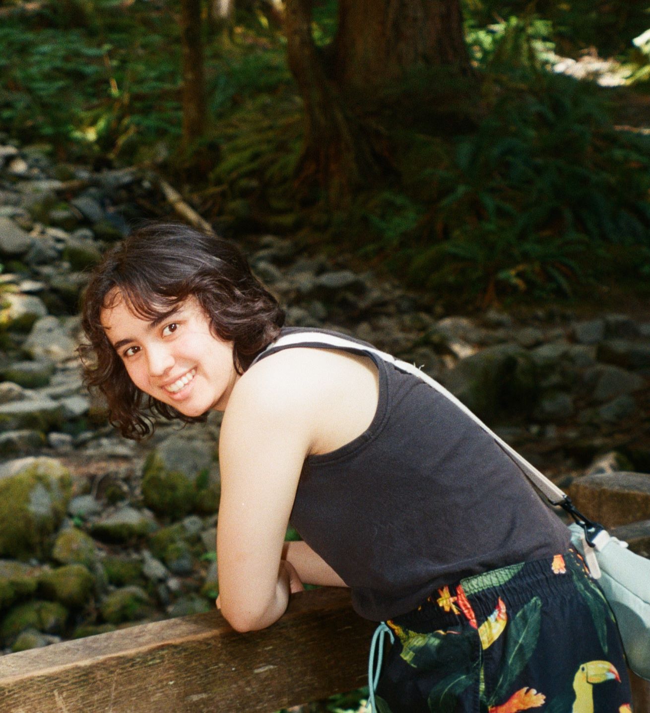 Grey smiling , wearing a black tank top and skirt, leading over a fence near a creek