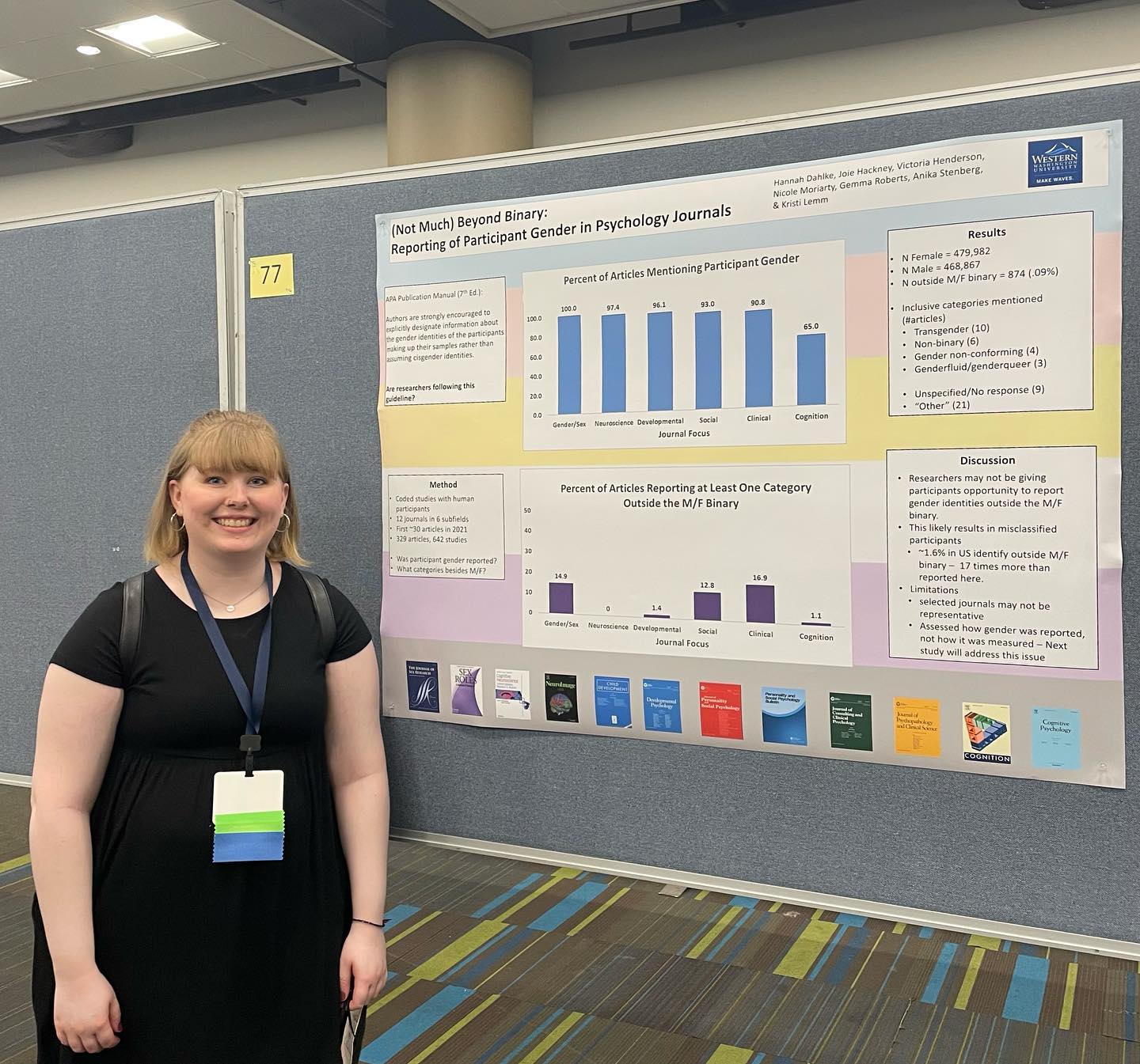 Hannah smiling and standing on left side of research poster at a conference 